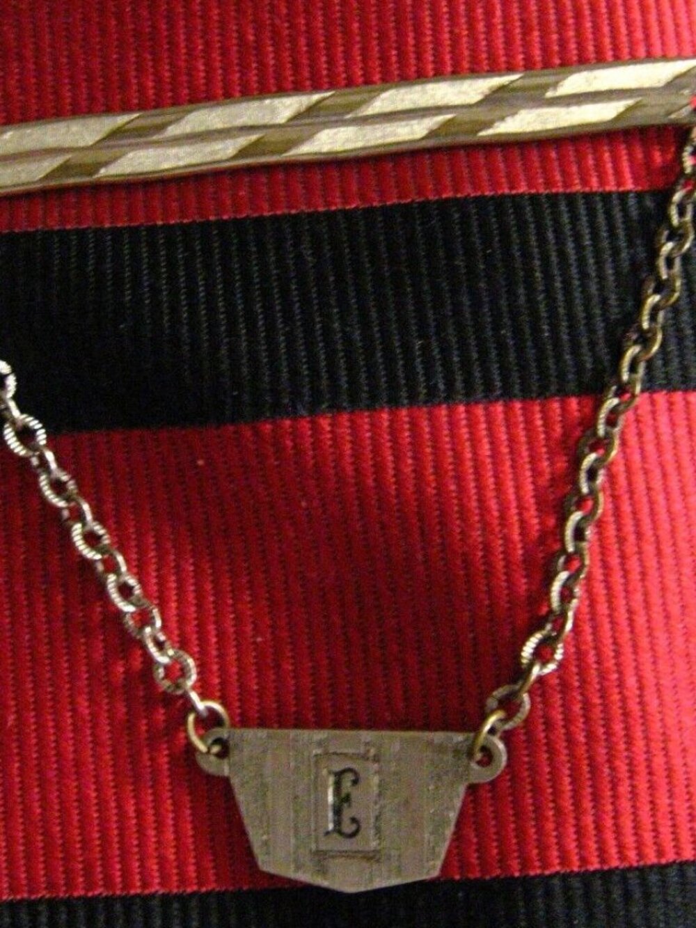 Art Deco Vintage 1940's  "E"  Initial Tie Clip - Old Silver Monogram Chain Medal